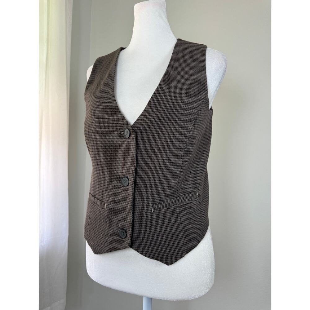 Gap Brown & Black Houndstooth Cropped V-Neck Button Front Vest